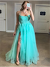 Turquoise Spaghetti Straps Split Applique Lace Up Tulle Prom Dress LBQ2432